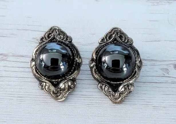 Vintage Clip On Earrings Metallic & Dark Silver Tone Statement Regal