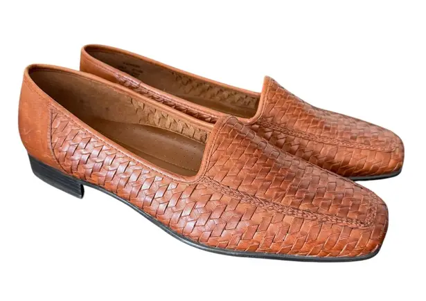 Naturalizer Woven Cognac Brown Leather Slip On Loafer Shoes Women 9.5 Square Toe