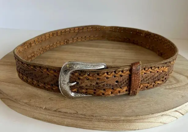 Vintage 90s Western Woven Genuine Leather Silver Buckle Belt Size Medium Brown