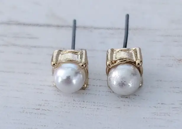 Vintage Stud Earrings Faux Pearl with Square Gold Tone Halo