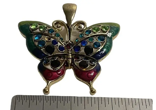 Multi Colored Enamel Gold Tone Butterfly with Multi Colored Rhinestone Pendant