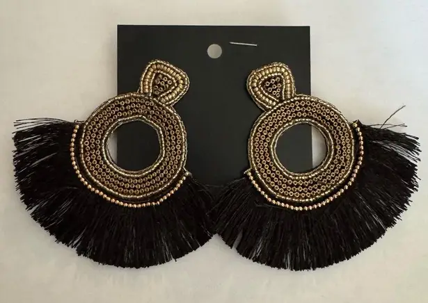 Elegant Black and Gold Fringe Drop Earrings, Oversized Bohemian Style