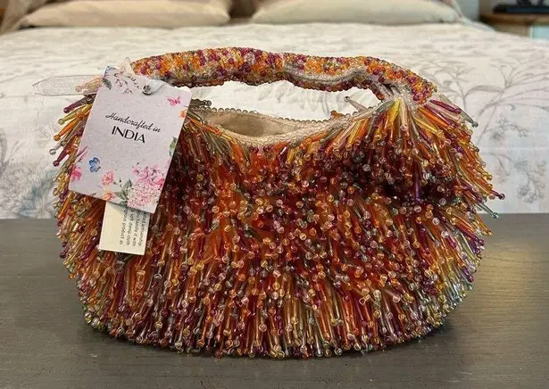 NWT Handcrafted Multi Colored Beaded Fringe Bag Orange
