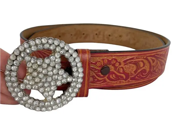 Western Embellished Star Bling Tooled Bonded Leather Belt Sz Large Red
