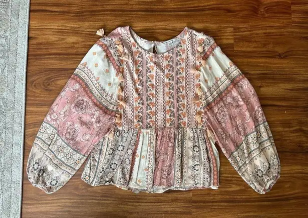 American Eagle  Women Pink Long Sleeve Embroidered Blouse