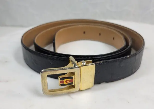Vintage Mens Belt 36/90 Black Genuine Leather Ostrich Gold Box Frame Buckle