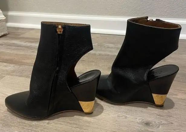 Chloé Chloe Open Back Wedge Boot in Black Leather with Gold Accents