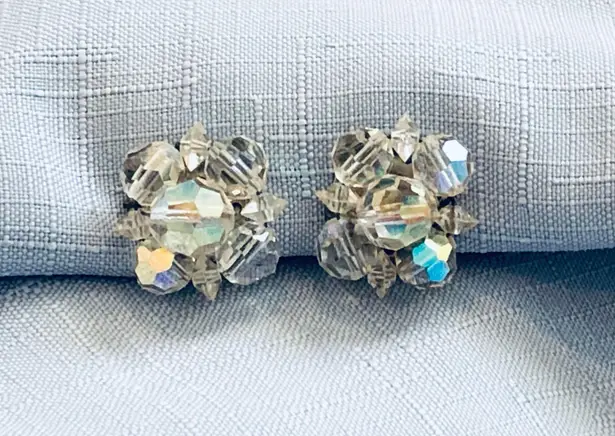Amazing Vintage Aurora Borealis Crystal Beaded Clip On Earrings