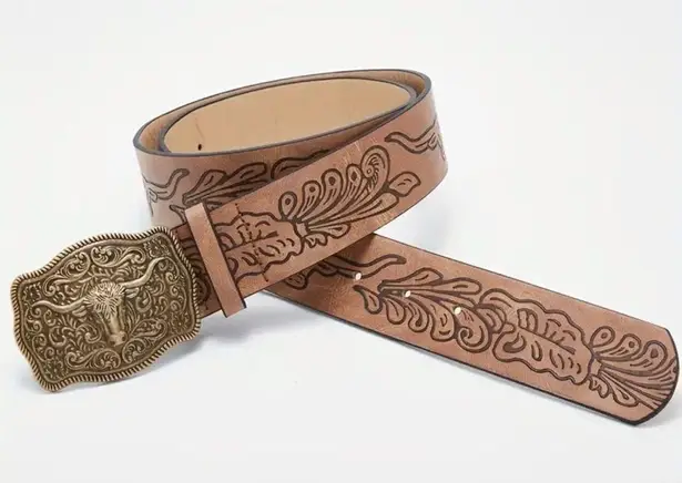 Western Bull Head Buckle Unisex‎ Belt Vintage Embossed Brown PU Leather Belt Size M