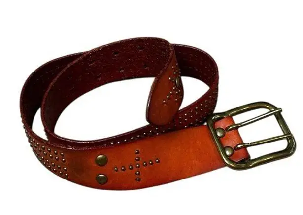 Linea Pelle Womens Leather Belt Handmade Solid Brass Studded Boho Y2K Size S Orange