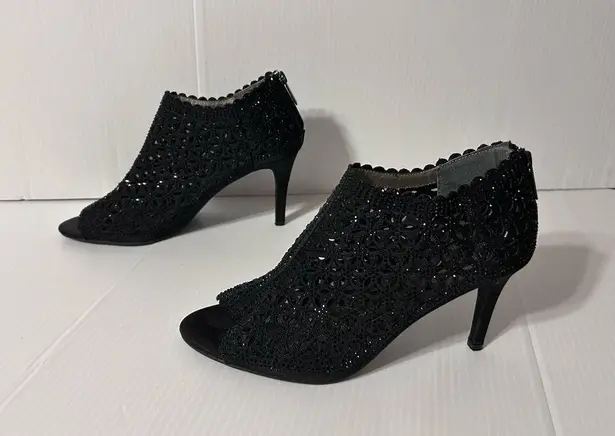 J. Rene Radita Satin Rhinestone peep top shooties heel shoe women size 9 M Black