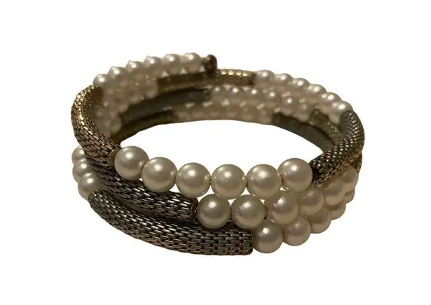 Vintage Bracelet Gold Tone White Faux Pearl Beads Wrap Cuff