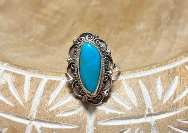 Sterling Silver Long Blue Turquoise and Filigree 925  Ring