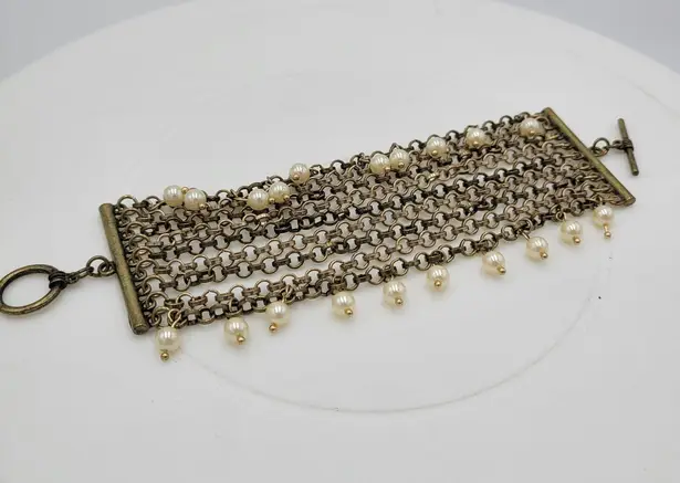 VTG Pinned Pearl Cuff Bracelet 8" Gold Tone White Beads Wide Toggle Closure