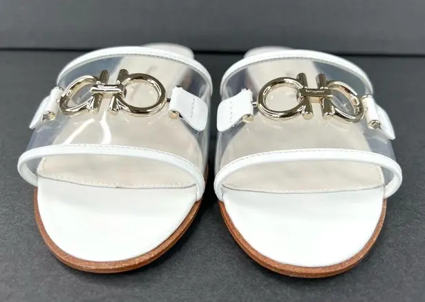 Salvatore Ferragamo Rhodes Pvc Gancini Logo White Leather Flat Sandals Size US 5