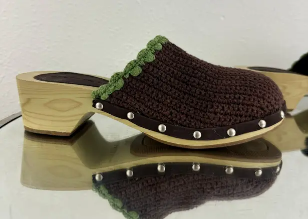 Airwalk Vintage Y2K Fall Brown Green Knit Cottage Wood Heeled Chunky Clog Mules