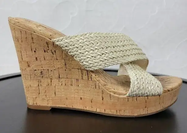 Nine West  Bridget Womens Sandals Size 7 Cream Woven Strap Platform Cork Wedge