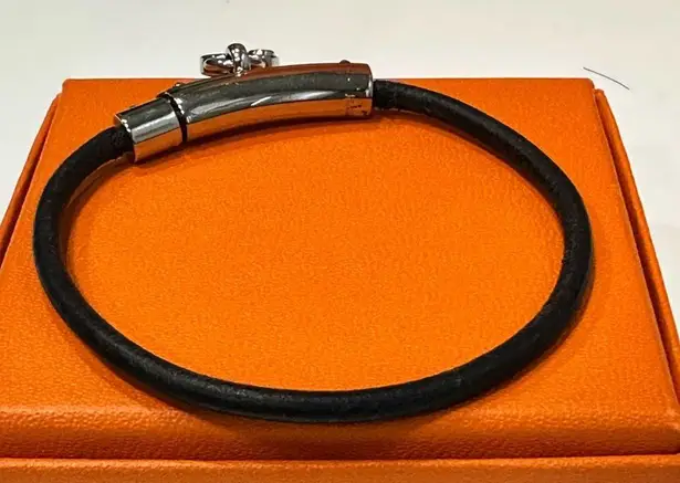 Hermès Black Viviride Fantasy Leather Bangle Heart Cadena Silver Hardware Bracelet