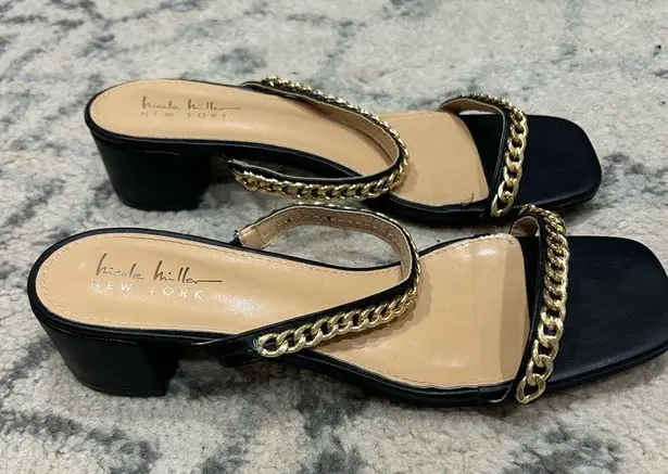 Nicole Miller Black and Gold Chain Sandals