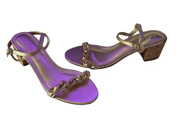 Lilly Pulitzer ‎ Marcia Block Heel Sandal Metallic Gold Leather Women's Size 8