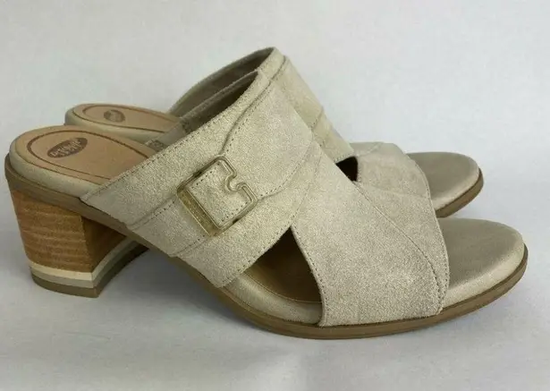 Dr. Scholls  Heeled Sandals 8 Beige Block‎ Heel Open Toe Slip On Faux Suede