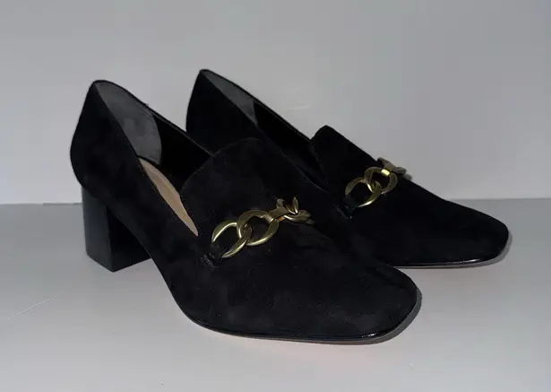 Vis Spiga Women’s Black Suede Block Heel Loafers Size 7 Chain Detail Slip On