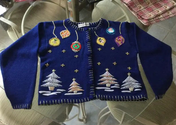 Vintage Victoria Harbour Embellished Christmas Sweater Cardigan Blue Ugly Size M