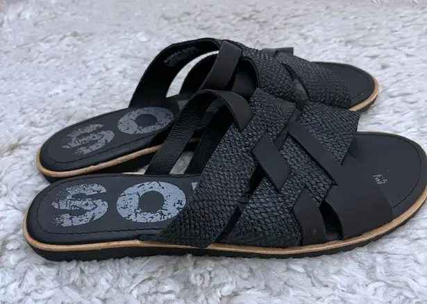 Sorel  Women's 10.5 Ella Slide Sandals Black Leather Strappy Neutral Minimalist