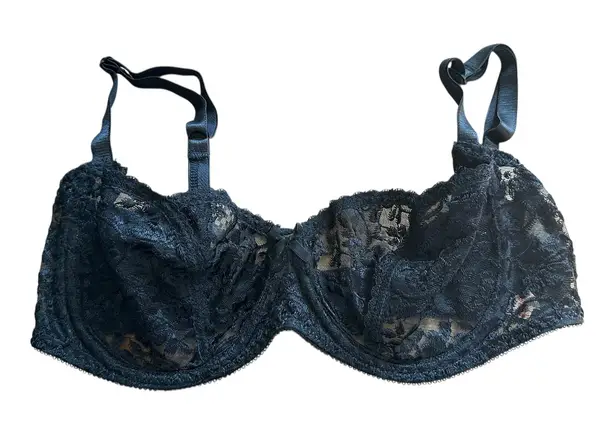 Jezebel Black Lace Full Coverage Underwire Bra 34D Sheer Cups Bow Detail