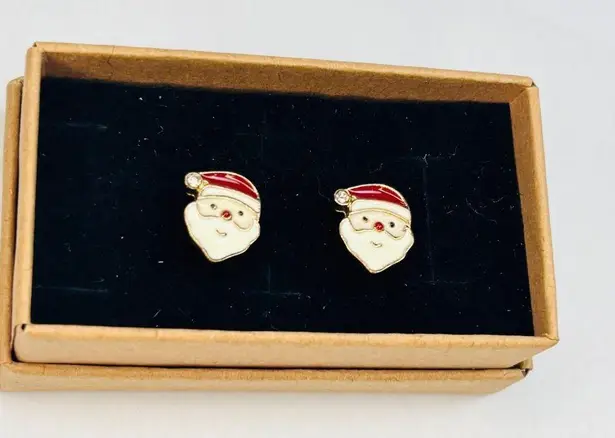 Santa Claus Stud Earrings With Red & White Enamel Holiday Design In Gift Box