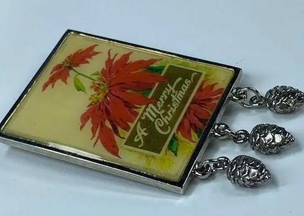 Merry Christmas Vintage Jewelry Pin Brooch Poinsettias and Dangling Pinecones