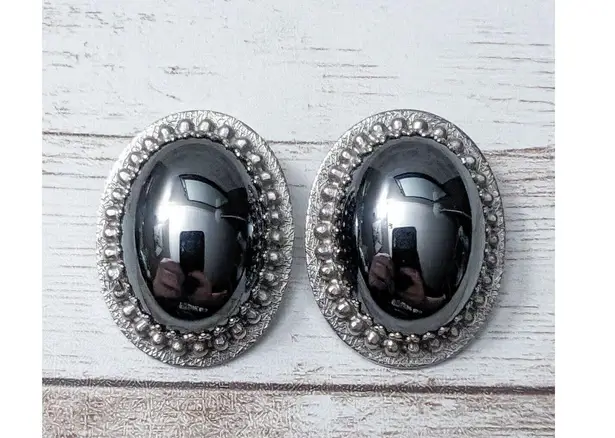 Whiting & Davis Vintage Co Clip On Earrings Silver Tone & Dark Silver Tone Oval