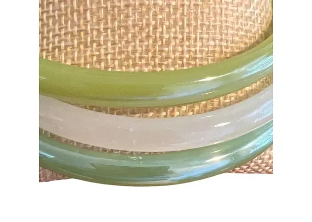 Set Of 3 Vintage Green White Jade Bangle Bracelets Stack Layer Estate 8.75"