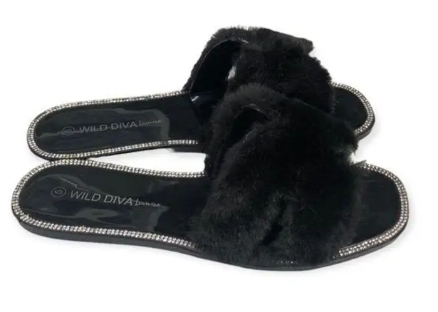 Wild Diva  Lounge Black Faux Fur Rhinestone Slides