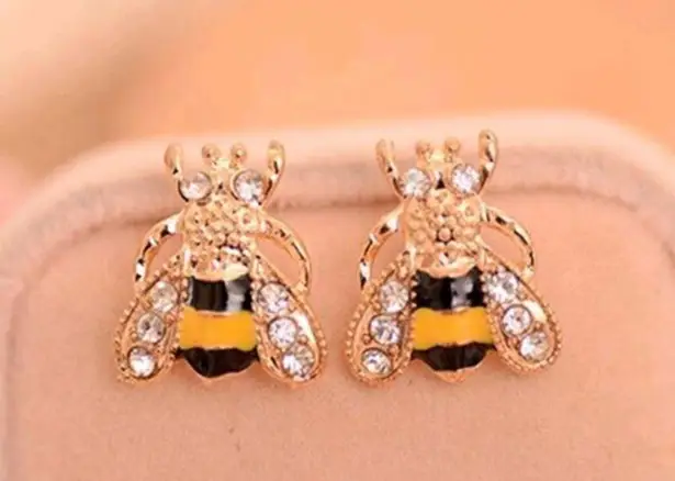 Bumblebee Stud Earrings Bee Bug Rhinestone New Yellow