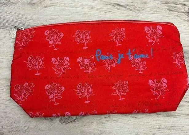 Lancôme Lancome Red Floral Print Paris Zip Top Cosmetics / Makeup Bag Approx 10" X 5.5"