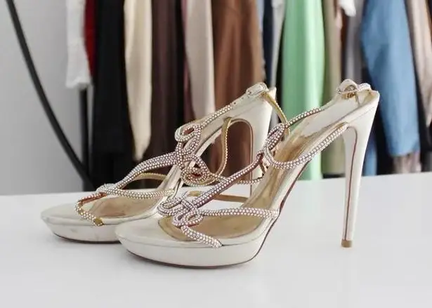 Rene Caovilla Vintage Satin Leather Crystal Embellished Stiletto Heels Size 38.5