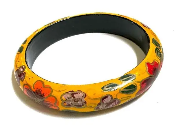 Yellow wooden floral hand painted bangle bracelet