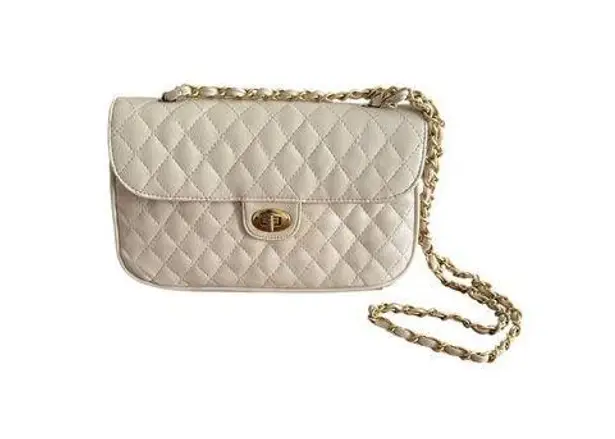 Quilted White Faux Leather Shoulder Bag With Gold Chain Strap & Turn Lock