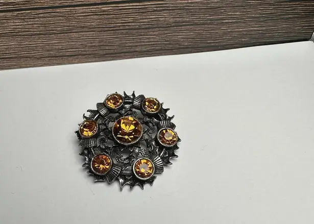 Miracle Orange Rhinestone Celtic Scottish Thistle Brooch Pin Silver Tone Signed Gold