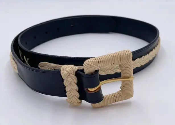 Vintage 80s 90s Milor Braided Stitch Leather Belt Black Ivory Size Medium Large