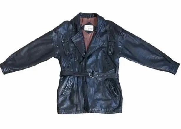 VTG 90s Y2K Black Genuine Leather Long Belted Zip Front Bomber Biker Jacket Coat