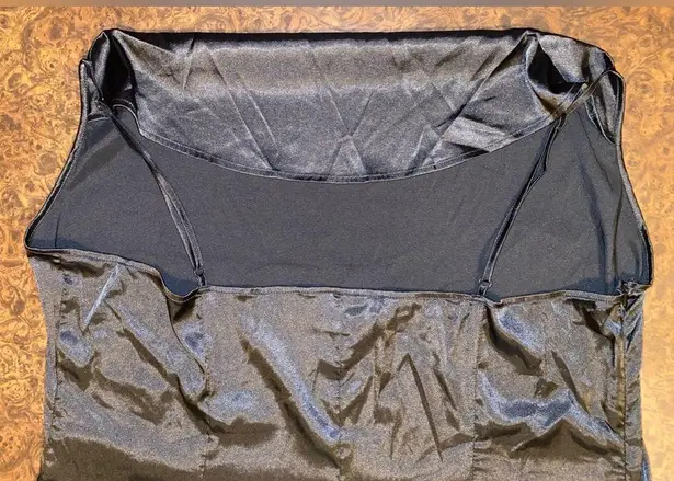 Black stretch satin, deep cowl neck slip dress with adjustable straps