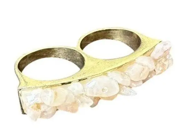 Vintage Chunky Gold Tone Pink Quartz Two Finger Ring size 8 & size 9