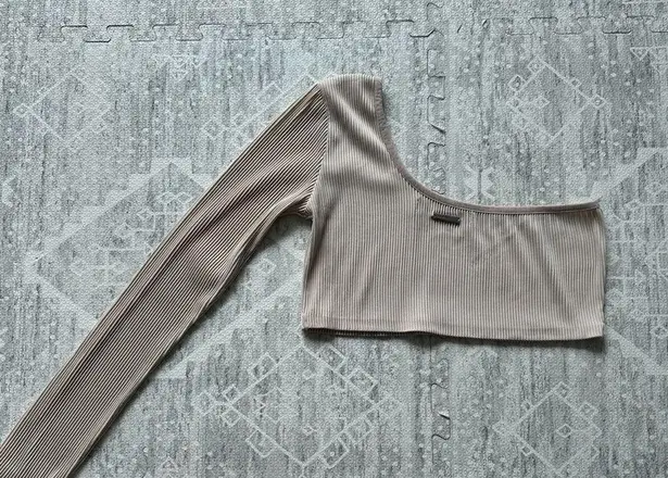 Maniere De Voir One Sleeve Ribbed Neutral Minimalist Beige Crop Top Size 12 UK