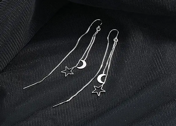 Silver Moon Star Threader Long Tassel Earring Chain, Drop Dangle Woman Earrings