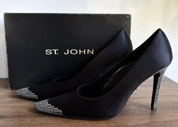 St. John Couture Audrey 8 Black Satin Rhinestone Heels Pointed Toe Stiletto Box