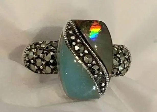 Sterling Silver Marcasite Jade Abalone Ring