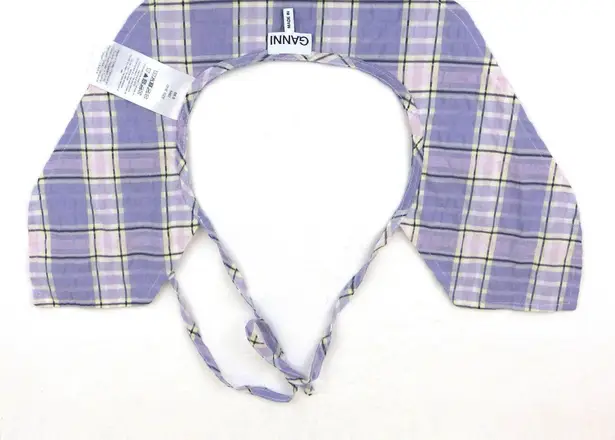 Ganni Collar Tie Neck Seersucker Check Diamond Purple Plaid One Size Cottage