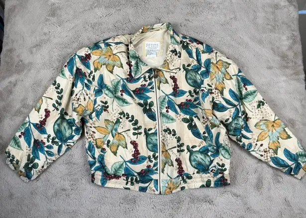 Petite Sophisticate Vintage Floral 100% Silk Bomber Jacket Botanical Print L